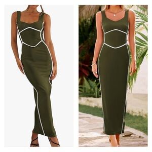 Army Green & White Sleeveless Square Neck BodyCon Maxi Dress